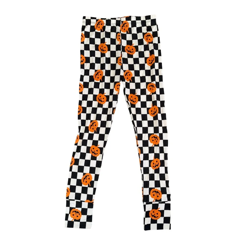 Gigi and Max Bamboo Pajamas Set Halloween‎ Jack O Lantern Checkered 6/7Y NEW